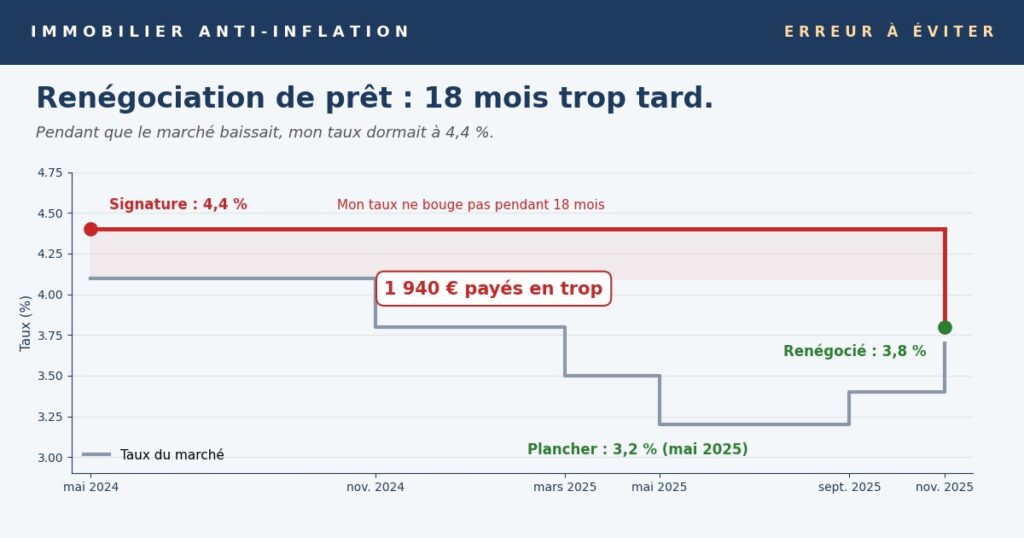 J'ai attendu 18 mois pour renégocier mon prêt. Trop tard. Graphique : 18 mois entre la signature à 4,4 % et la renégociation à 3,8 %, 1 940 € payés en trop